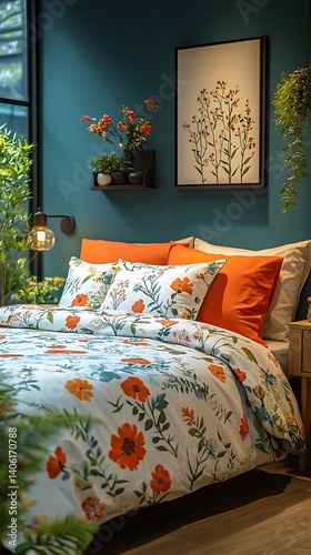 Obraz na płótnie Cozy Bedroom Retreat: Tranquil Floral Bedding, Calming Wall Color, and Natural Lighting Create a Serene Interior Decor. w salonie