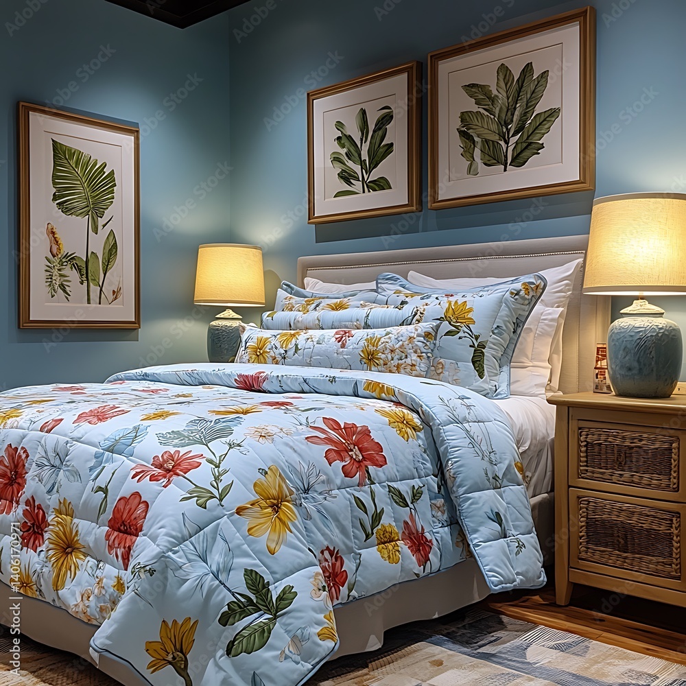 Cozy bedroom with floral bedding, decorative artwork, and ambient lighting creating a peaceful and inviting interior space.