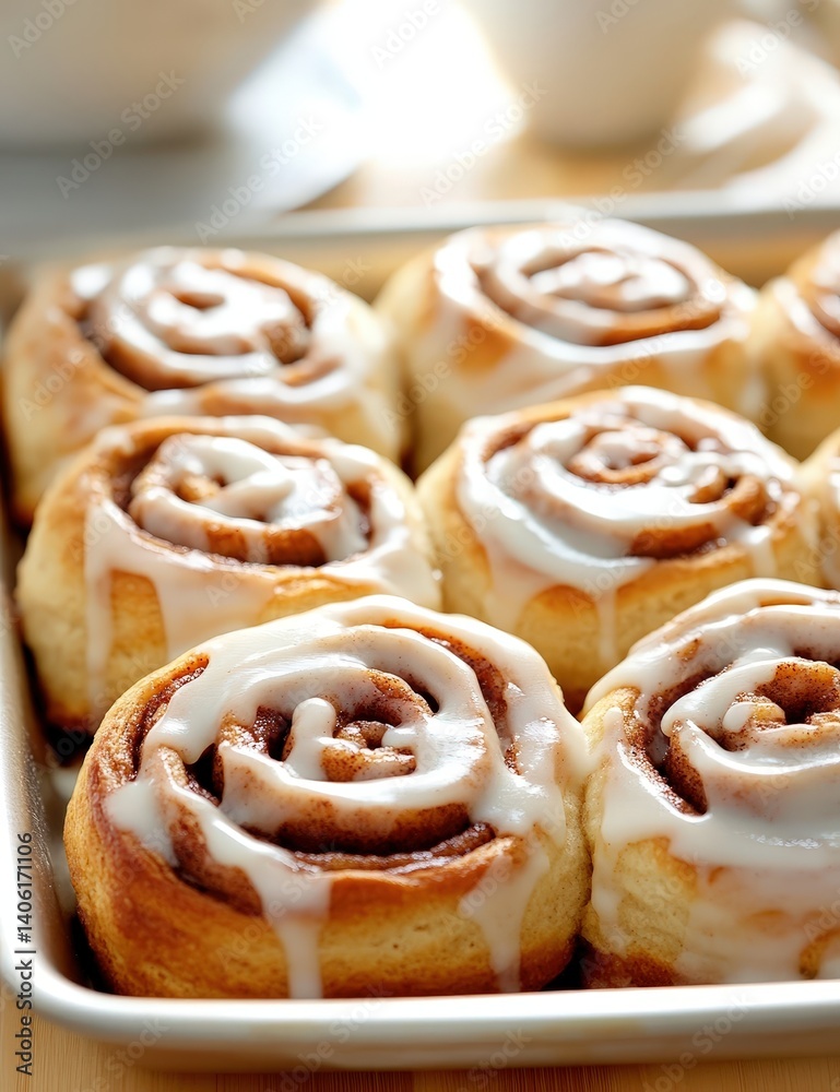 Warm, freshly baked cinnamon rolls sitting on a tray, covered in creamy frosting, ready to be enjoyed, perfect for breakfast or dessert at home Warm, freshly baked cinnamon rolls sitting on a tray, covered in creamy frosting, ready to be enjoyed, perfect for breakfast or dessert at home