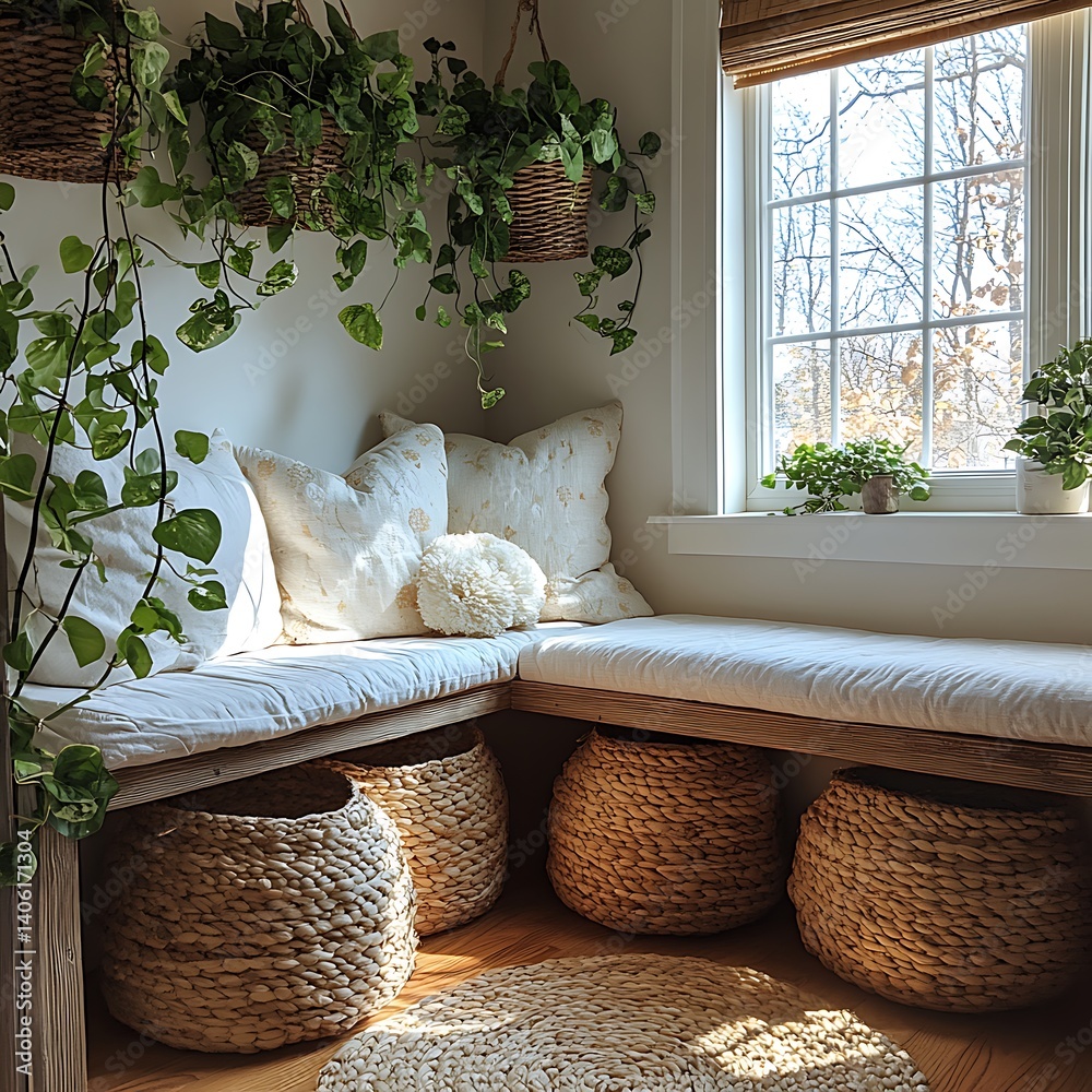 Cozy corner nook with natural light, cushions, woven baskets, and hanging plants for a relaxing indoor space.
