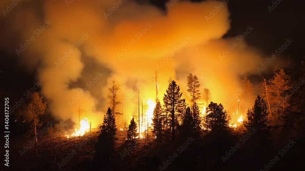 Forest fire burning intensely at night with flames engulfing trees and ...