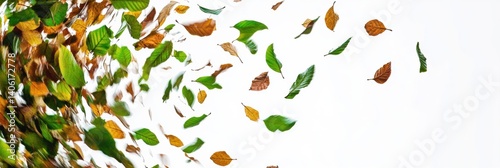 Swirling green and brown leaves dance in a lively spiral against a white backdrop during autumns vibrancy