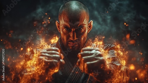 Powerful Warrior in Action with Fiery Aura Martial Arts Fighter Intense Combat Scene Dynamic