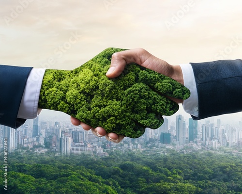 Forest-Overlay Handshake Over Cityscape