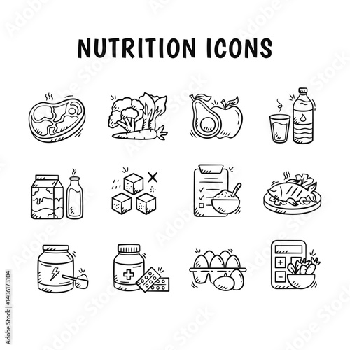 Nutrition doodle icon pack. Set of healthy food and lifestyle hand drawn vector illustration collection. Outline style of meat, vegetable, fruit, egg, milk, fish, protein, protein, mineral water.