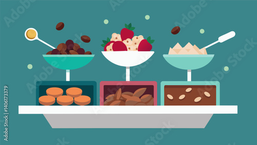 A DIY trail mix station offering both sweet and savory options with choices like chocolatecovered almonds smoked almonds and dried cranberries to. Vector illustration