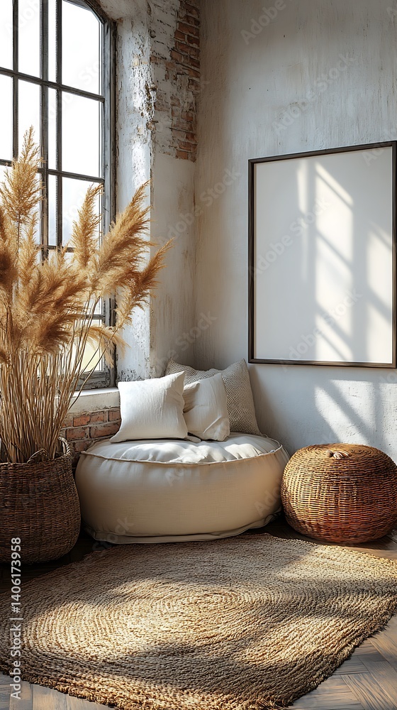 Cozy Interior Design Featuring a Blank Canvas Above Seating with Pampas Grass Near a Window for Home Decor Inspiration.