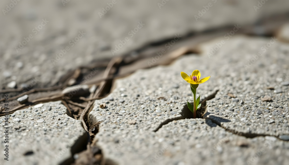 Small Yellow Flower Growing Through Cracks In Gray Concrete Small Yellow Flower Growing Through Cracks In Gray Concrete