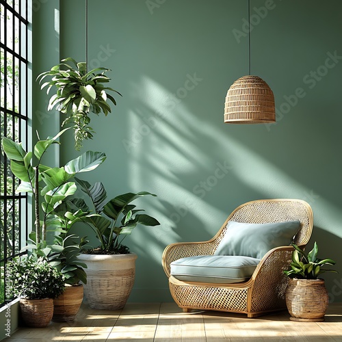 Cozy Interior Featuring Wicker Armchair, Plants, and Green Wall: A Serene and Natural Living Space Design.