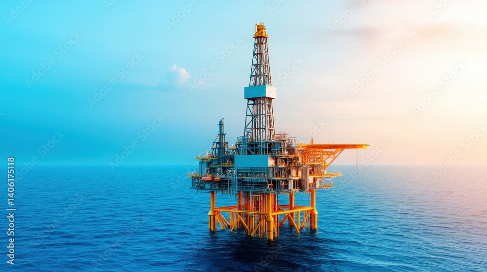 Oil drilling rig stands in the ocean during sunset, showcasing industrial engineering and energy production amidst a serene marine backdrop Oil drilling rig stands in the ocean during sunset, showcasing industrial engineering and energy production amidst a serene marine backdrop
