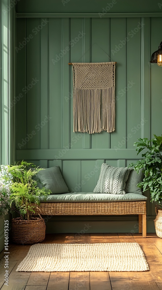Cozy Interior with Green Paneling, Wicker Bench, Macrame Wall Hanging, and Plants for a Relaxing Atmosphere.
