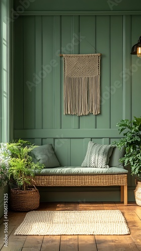 Obraz na płótnie Cozy Interior with Green Paneling, Wicker Bench, Macrame Wall Hanging, and Plants for a Relaxing Atmosphere. w salonie