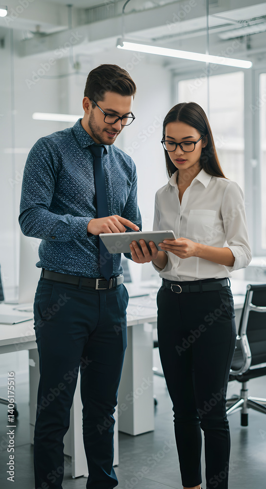 Two business professionals collaborate on a tablet, reviewing project details in a modern office setting, promoting team work. Two business professionals collaborate on a tablet, reviewing project details in a modern office setting, promoting team work.