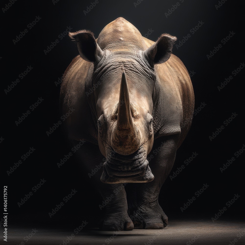 Obraz premium Rhino frontal view with dramatic lighting and balanced composition