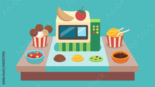 A fun and interactive station equipped with mixin options like yogurtcovered raisins cocoaroasted almonds and banana chips.. Vector illustration