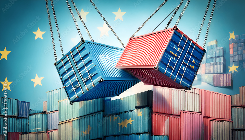 Fototapeta premium EU Tariffs and European Union tariff trade war with the United States as a Europe USA economic dispute and American financial disagreement over import and exports as cargo freight containers symbol. 