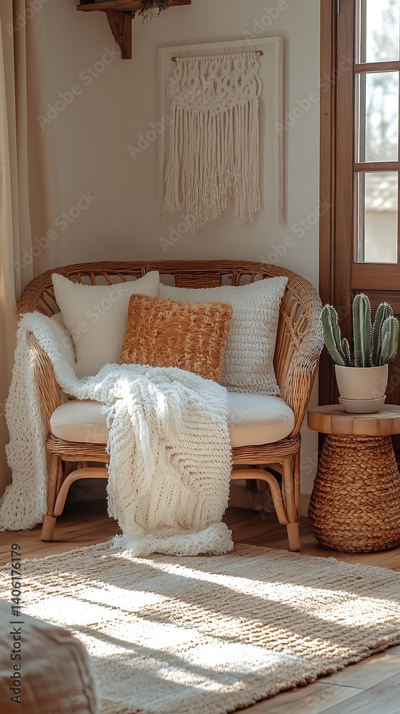 Cozy living room corner featuring a wicker sofa, soft pillows, and natural elements for a serene home atmosphere.