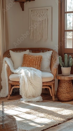 Obraz na płótnie Cozy living room corner featuring a wicker sofa, soft pillows, and natural elements for a serene home atmosphere. w salonie