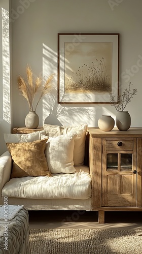 Obraz na płótnie Cozy Living Room Corner with Natural Light, Artwork, Linen Cushions, Wooden Cabinet, and Vases Featuring Dried Plants. w salonie