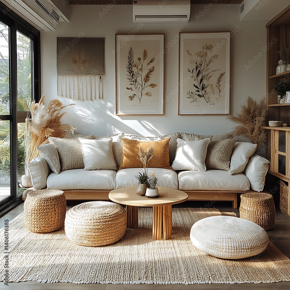 Cozy Living Room Design with Neutral Tones, Featuring a Comfortable Sofa, Wooden Furniture, and Natural Light for Relaxing Interiors.