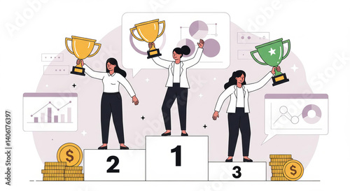 vector Blue business people standing on podiums with winner cups and celebrating success, Generative AI	
