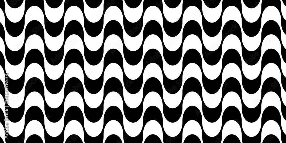 Repeating black and white waving texture in Portuguese pavement style. Sidewalk pattern with Copacabana boardwalk motif. Famous beach promenade in Rio de Janeiro. Vector graphic illustration.
