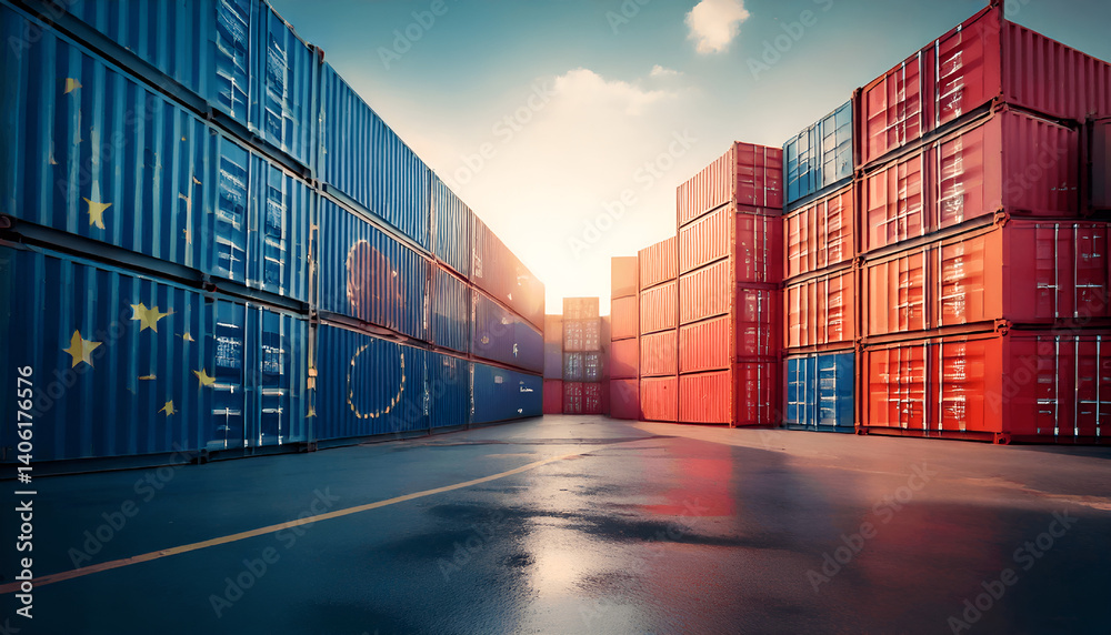 Fototapeta premium EU Tariffs and European Union tariff trade war with the United States as a Europe USA economic dispute and American financial disagreement over import and exports as cargo freight containers symbol.