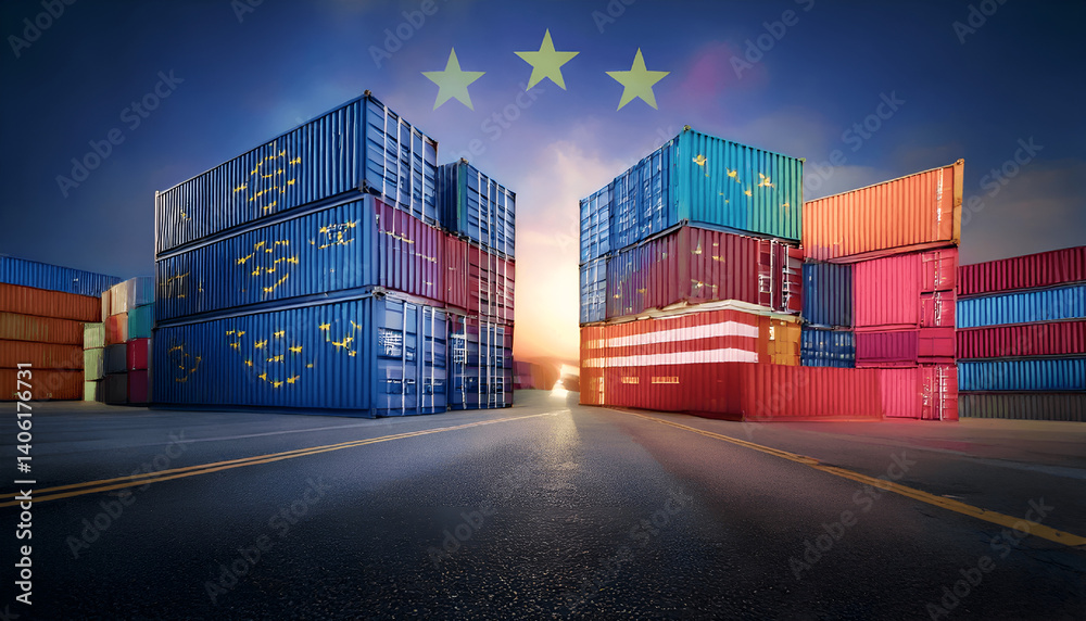 Fototapeta premium EU Tariffs and European Union tariff trade war with the United States as a Europe USA economic dispute and American financial disagreement over import and exports as cargo freight containers symbol.