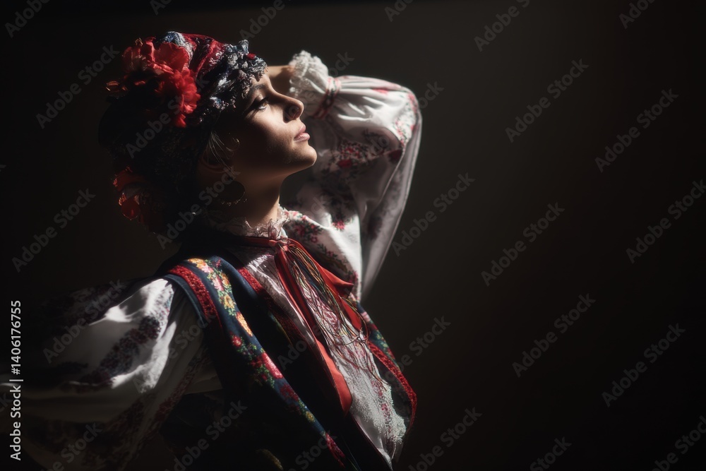 Fototapeta premium Romanian folk dancer in costume with stage lighting and negative space on right