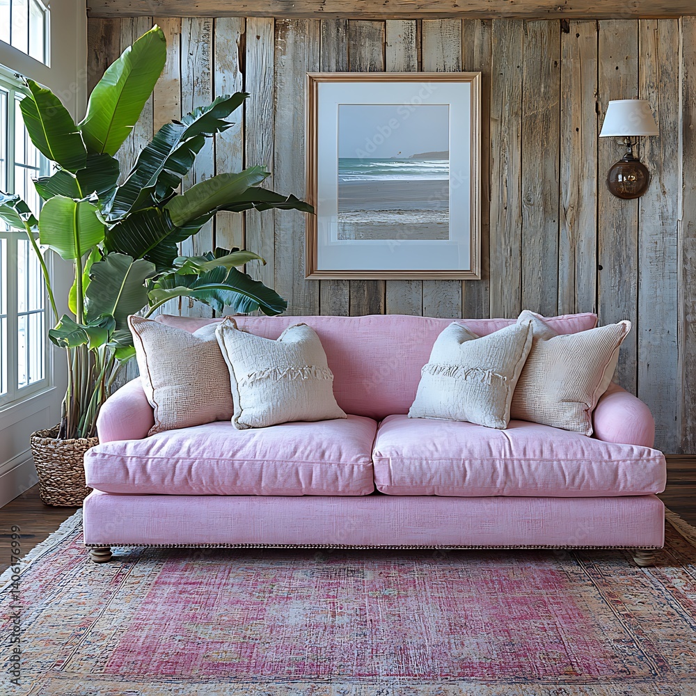 Cozy Living Room Scene: Pink Sofa, Textured Pillows, Wooden Wall, Tropical Plant, Beach Artwork, and Vintage Rug Creates a Relaxing Space.