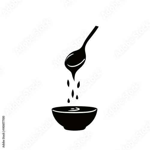 Black silhouette of a spoon dripping liquid into a bowl icon