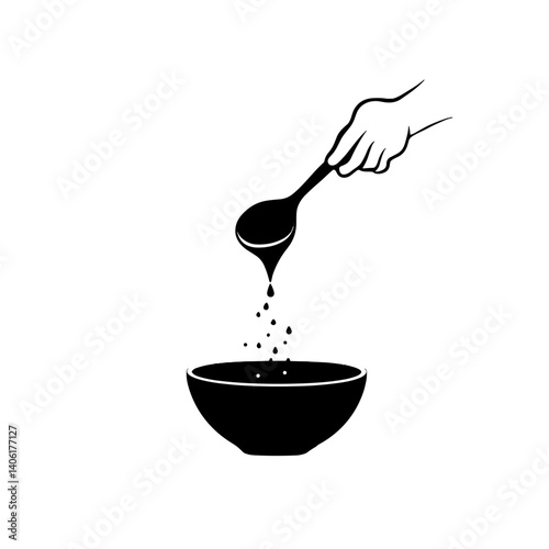 Black silhouette of a spoon dripping liquid into a bowl icon