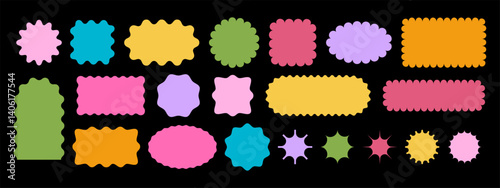 Set of colorful arch, rectangle and square, oval, star and circle shapes with curvy edges. Geometric forms with scalloped borders. Empty textboxes, stamps, tags or labels. Vector flat illustration.