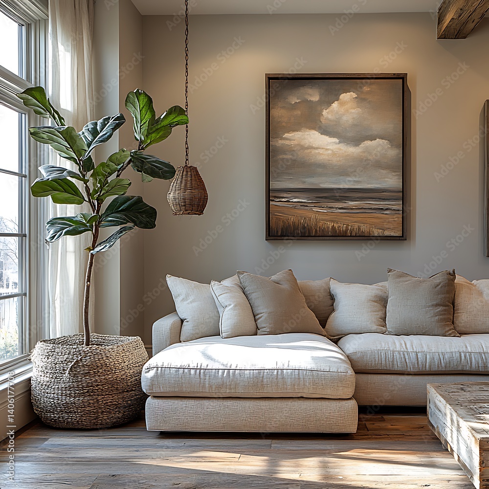 Cozy Living Space: Sunlight on Neutral Couch with Nature-Inspired Painting, Fiddle-Leaf Fig, Wooden Floor, and Woven Accents.