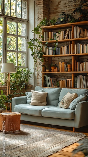 Cozy Living Room with Natural Light, Comfortable Sofa, Bookshelf, Green Plants, and Wicker Stool for Relaxing at Home.