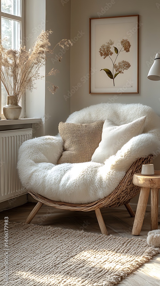 Cozy Living Space: Wicker Chair with Plush Throw and Pillows, Natural Light, Neutral Colors for Home Decor Inspiration.