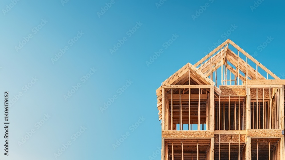 Construction of a wooden house structure under a clear blue sky in a suburban location during the daytime showcasing architectural progress Construction of a wooden house structure under a clear blue sky in a suburban location during the daytime showcasing architectural progress