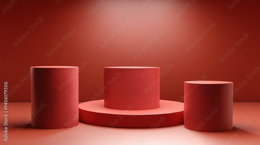 Three red cylindrical podiums against a red background. Three red cylindrical podiums against a red background.