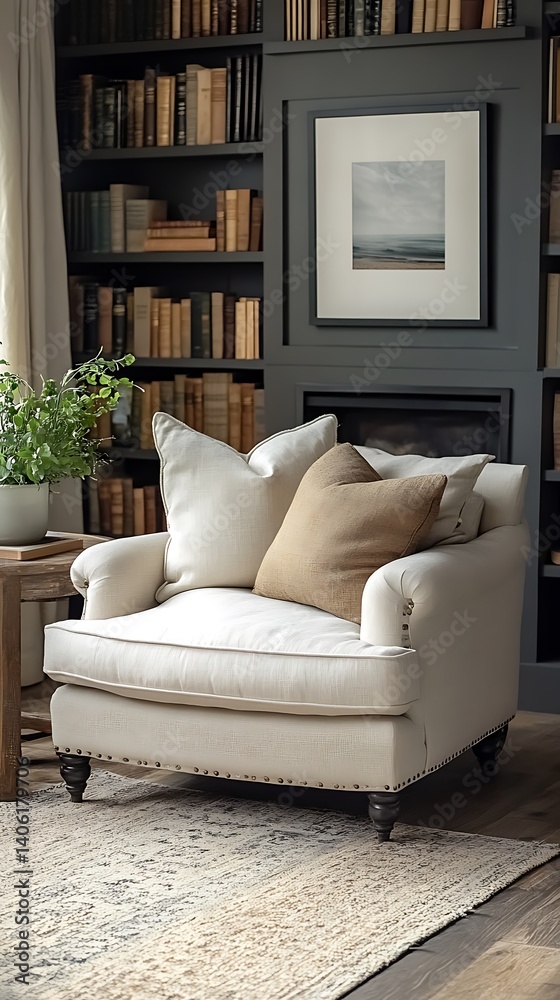Cozy Reading Nook Featuring a Comfortable Armchair, Decorative Pillows, Bookshelves, and Artwork, Creating a Relaxing and Inviting Atmosphere.