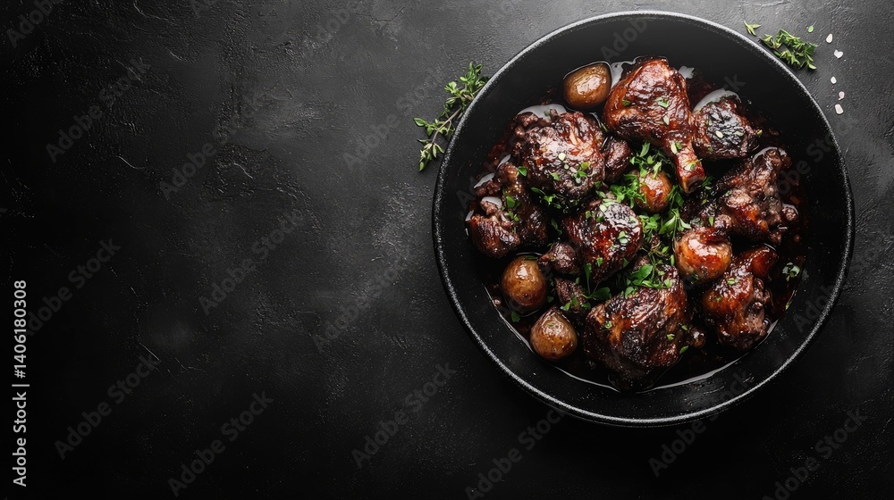 Coq au vin: french cuisine, braised poultry, wine infusion, gourmet flavor, tender meat, rich sauce, rustic recipe, culinary tradition, classic dish, aromatic preparation. Coq au vin: french cuisine, braised poultry, wine infusion, gourmet flavor, tender meat, rich sauce, rustic recipe, culinary tradition, classic dish, aromatic preparation.