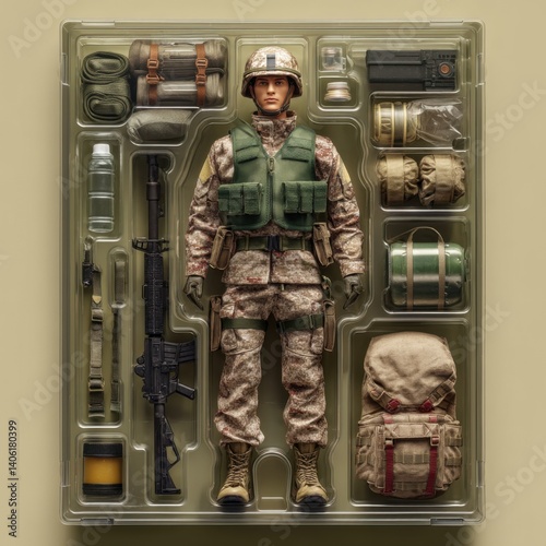 Action figure soldier in camouflage uniform and helmet with accessories in plastic packaging and studio lighting