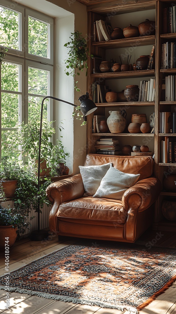 Cozy Reading Nook with Leather Armchair, Wooden Bookshelf, Natural Light, and Plants for a Relaxing Home Interior.