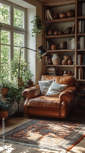 Obraz na płótnie Cozy Reading Nook with Leather Armchair, Wooden Bookshelf, Natural Light, and Plants for a Relaxing Home Interior. w salonie