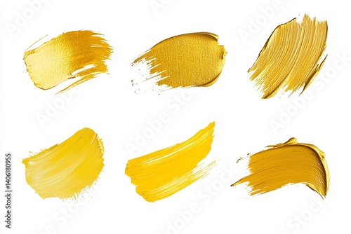 Six golden paint strokes on a white background creating an abstract and artistic composition style 100