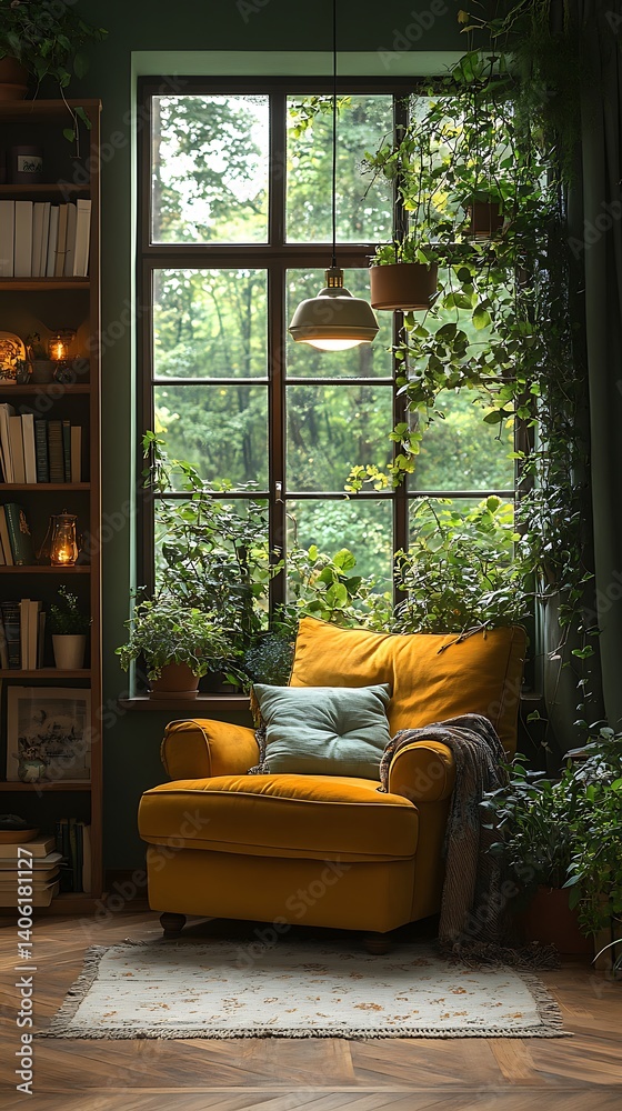 Cozy Reading Nook with Mustard Yellow Chair, Indoor Plants, Natural Light, and View of Lush Greenery Outside the Window.