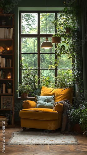 Obraz na płótnie Cozy Reading Nook with Mustard Yellow Chair, Indoor Plants, Natural Light, and View of Lush Greenery Outside the Window. w salonie