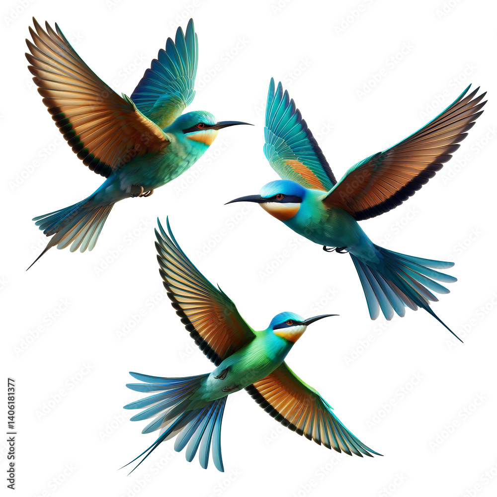 Fototapeta premium A set of Blue-cheeked Bee-eaters flying, isolated on a transparent background (300 DPI)