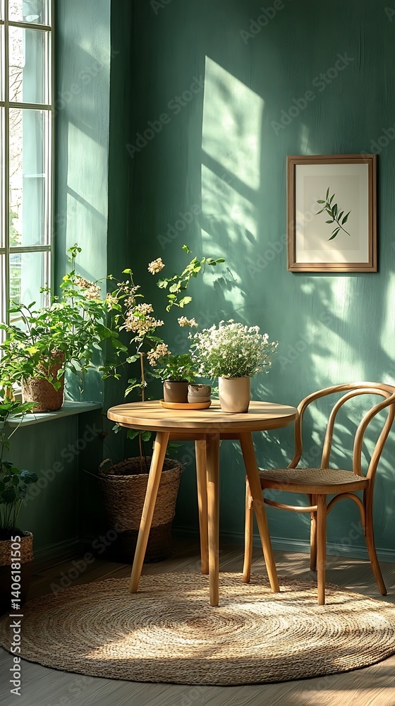 Cozy Room Interior with Round Table, Wooden Chair, Plants, and Artwork in Green Toned Home, Sunlight Streaming Through Window.