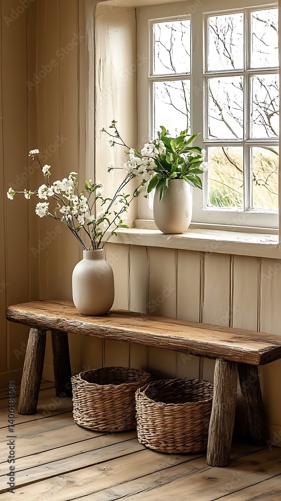 Cozy room scene featuring a wooden bench with floral arrangements and woven baskets near a bright window view.