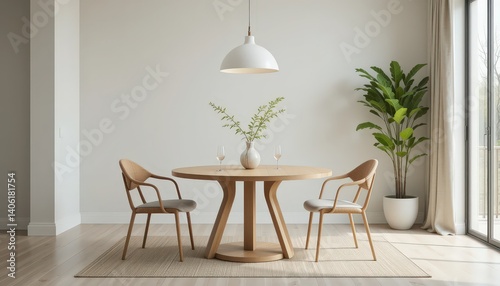 Modern Dining Area With Wooden Table and Elegant Decor in Bright, Minimalist Room